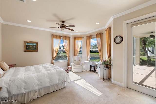 28666 San Lucas Ln Unit 102, Bonita Springs, FL 34135 - bedroom with ornamental molding, light colored carpet, and access to exterior