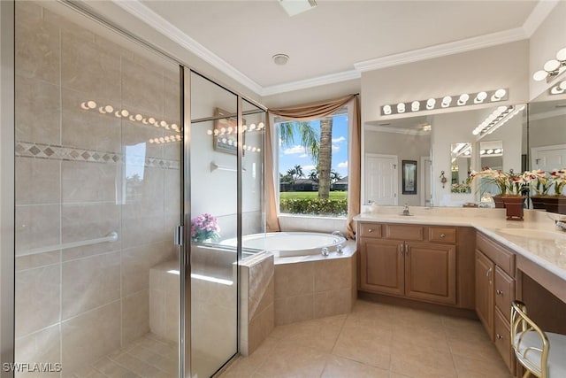 28666 San Lucas Ln Unit 102, Bonita Springs, FL 34135 - bathroom with a garden tub, crown molding, tile patterned flooring, a shower stall, and a sink