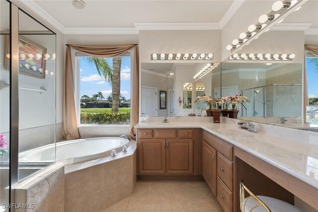 28666 San Lucas Ln Unit 102, Bonita Springs, FL 34135 - full bathroom featuring tile patterned floors, a sink, a bath, and a stall shower