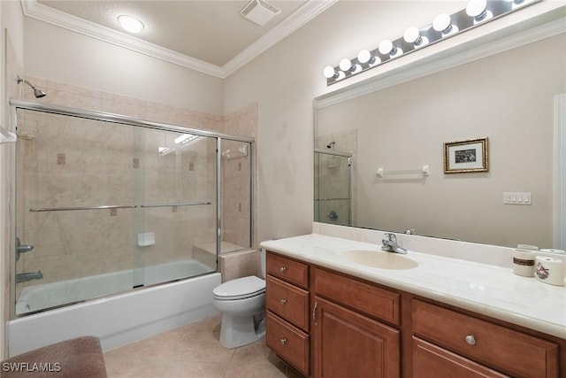 28666 San Lucas Ln Unit 102, Bonita Springs, FL 34135 - bathroom featuring crown molding, tile patterned flooring, vanity, enclosed tub / shower combo, and visible vents