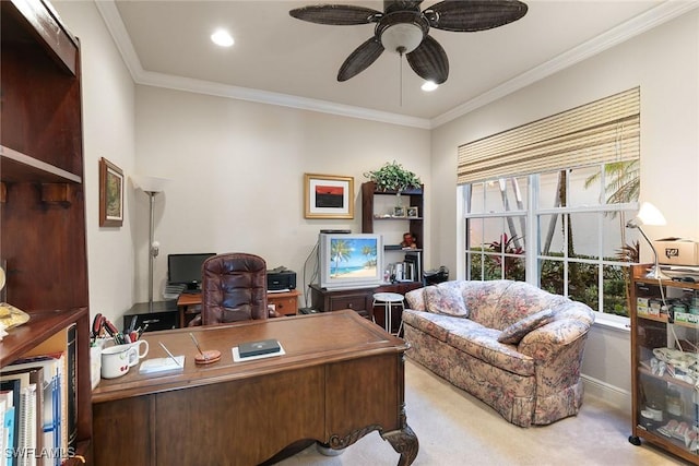 28666 San Lucas Ln Unit 102, Bonita Springs, FL 34135 - office with recessed lighting, a ceiling fan, crown molding, and carpet flooring
