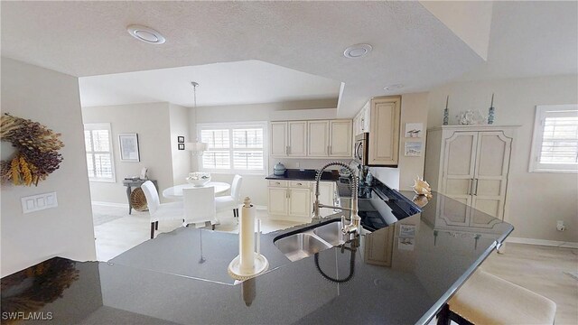 6805 Satinleaf Rd S Unit 201, Naples, FL 34109 - kitchen with stainless steel microwave, a sink, dark countertops, baseboards, and cream cabinets