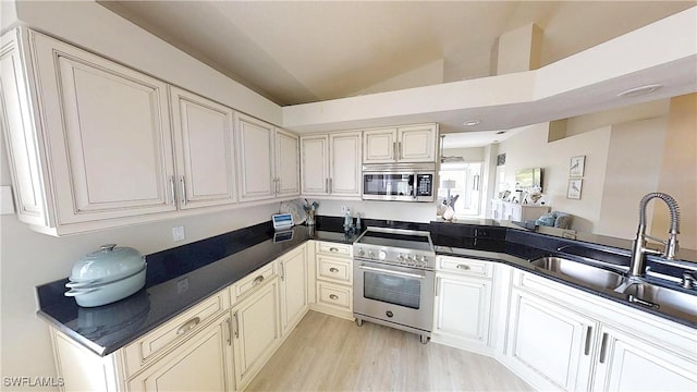 6805 Satinleaf Rd S Unit 201, Naples, FL 34109 - kitchen featuring a sink, appliances with stainless steel finishes, dark countertops, light wood finished floors, and vaulted ceiling