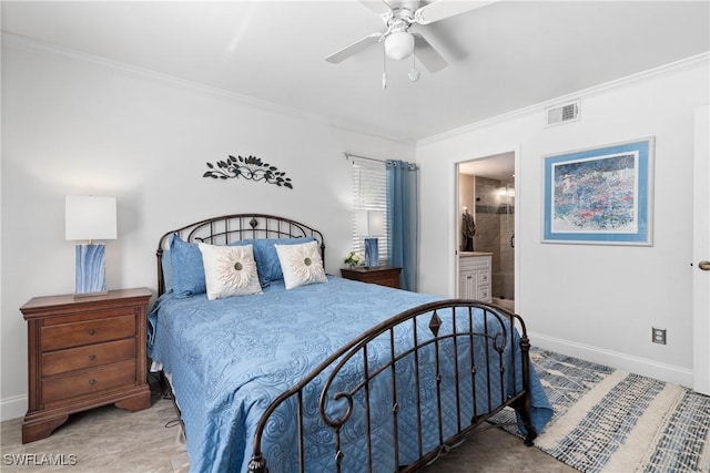 bedroom with crown molding, visible vents, connected bathroom, and baseboards