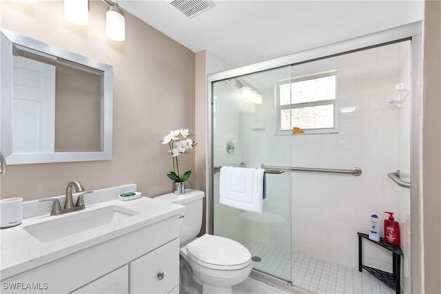 full bath with toilet, visible vents, vanity, and a stall shower