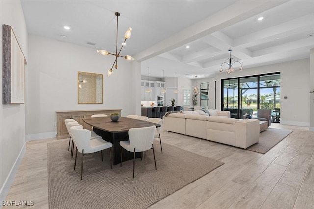 16198 Verilyn Cir, Naples, FL 34110 - dining area with a chandelier, light wood finished floors, coffered ceiling, beam ceiling, and recessed lighting