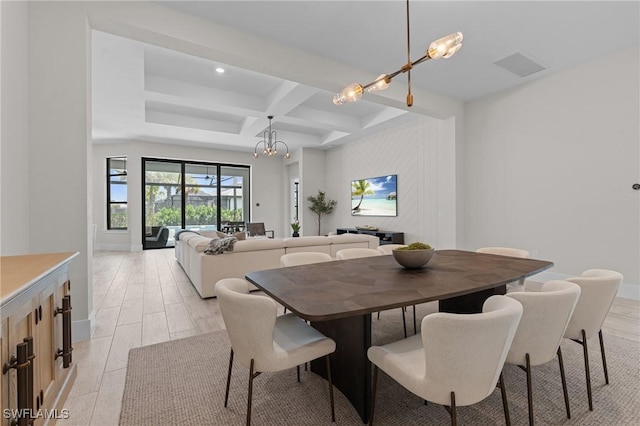 16198 Verilyn Cir, Naples, FL 34110 - dining room featuring a chandelier, coffered ceiling, beamed ceiling, baseboards, and recessed lighting