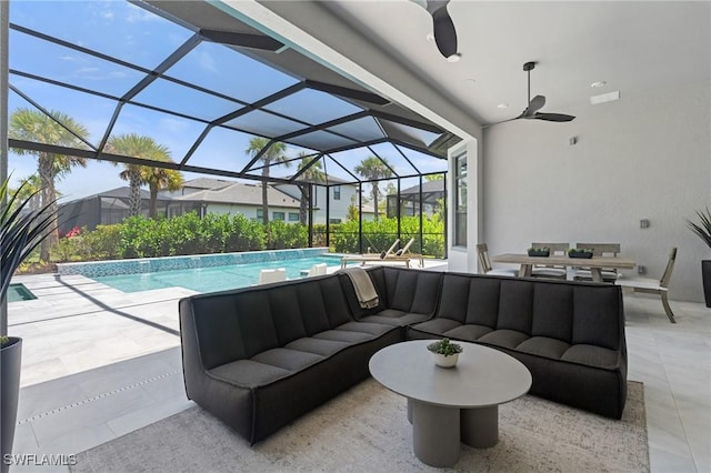 16198 Verilyn Cir, Naples, FL 34110 - outdoor pool with outdoor lounge area, a ceiling fan, and a patio