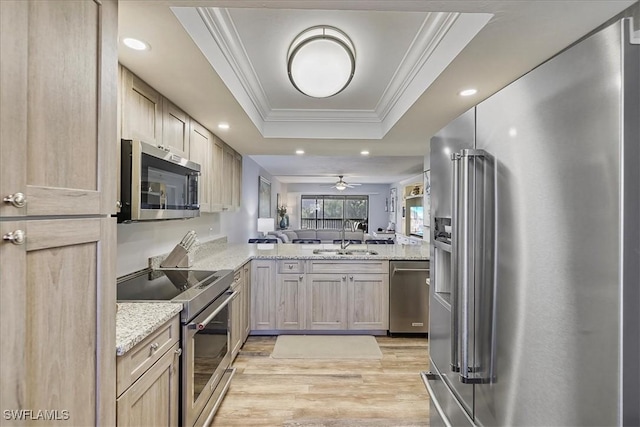 4719 SE 17th Pl Unit 208, Cape Coral, FL 33904 - kitchen featuring a sink, light wood-style flooring, a tray ceiling, premium appliances, and ornamental molding