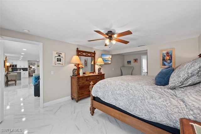 bedroom with visible vents, a ceiling fan, marble finish floor, and baseboards