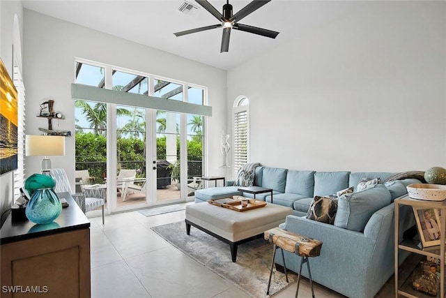 1603 Curlew Ave Unit 1603, Naples, FL 34102 - living area with a healthy amount of sunlight, a ceiling fan, french doors, and visible vents