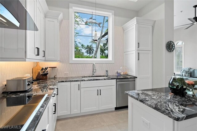 1603 Curlew Ave Unit 1603, Naples, FL 34102 - kitchen featuring white cabinets, black electric stovetop, a sink, dark stone counters, and stainless steel dishwasher