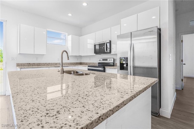 kitchen featuring modern cabinets, a sink, white cabinets, appliances with stainless steel finishes, and wood finished floors
