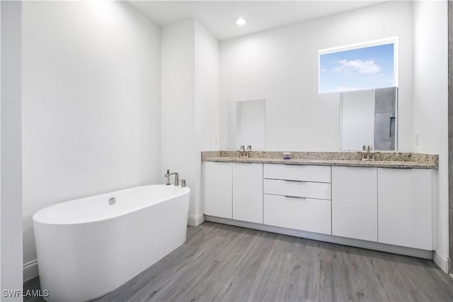 bathroom featuring double vanity, wood finished floors, a soaking tub, and a sink