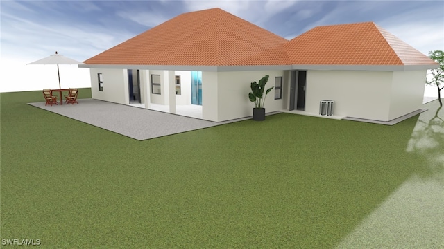 rear view of house featuring stucco siding, a patio, and a tile roof
