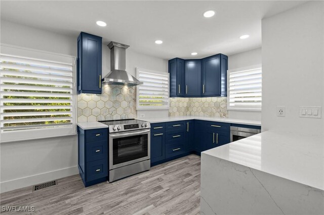 270 Dundee Rd, Fort Myers Beach, FL 33931 - kitchen featuring wall chimney range hood, stainless steel electric range, visible vents, and blue cabinets