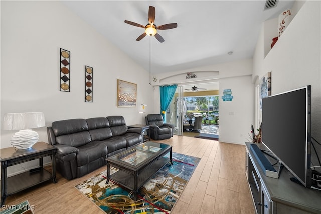 8188 Tauren Ct Unit N342, Naples, FL 34119 - living room featuring visible vents, wood finished floors, a ceiling fan, and lofted ceiling