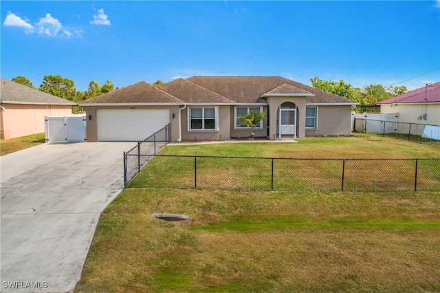 1227 Damen St E, Lehigh Acres, FL 33974 - ranch-style home featuring stucco siding, an attached garage, driveway, a gate, and a shingled roof
