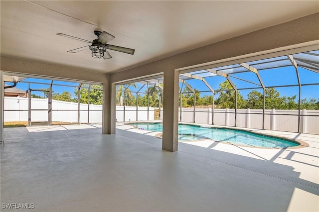 1227 Damen St E, Lehigh Acres, FL 33974 - view of pool with a patio, a ceiling fan, a fenced backyard, and a pool with connected hot tub
