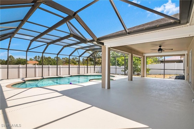 1227 Damen St E, Lehigh Acres, FL 33974 - view of pool featuring a patio area, a fenced backyard, ceiling fan, and glass enclosure