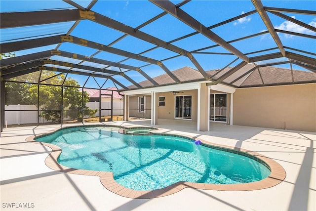 1227 Damen St E, Lehigh Acres, FL 33974 - view of pool featuring a patio area, ceiling fan, fence, and a pool with connected hot tub