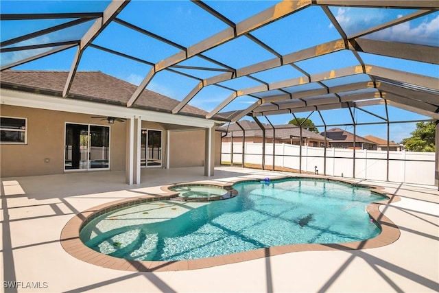 1227 Damen St E, Lehigh Acres, FL 33974 - view of pool with a patio, a ceiling fan, glass enclosure, and fence