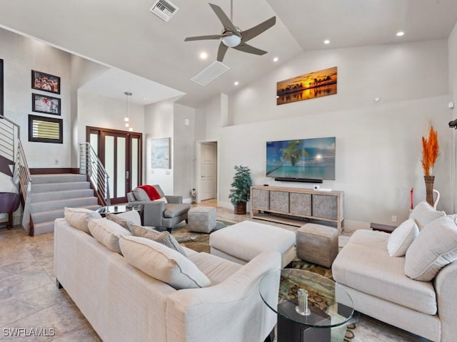 580 Goldcoast Ct, Marco Island, FL 34145 - living area featuring ceiling fan, high vaulted ceiling, recessed lighting, baseboards, and visible vents
