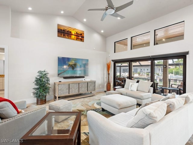 580 Goldcoast Ct, Marco Island, FL 34145 - living area featuring high vaulted ceiling, baseboards, recessed lighting, and ceiling fan