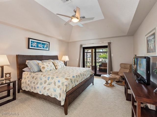 580 Goldcoast Ct, Marco Island, FL 34145 - carpeted bedroom with a ceiling fan, access to exterior, and lofted ceiling