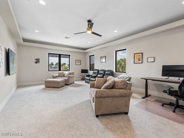 580 Goldcoast Ct, Marco Island, FL 34145 - living room with a ceiling fan, recessed lighting, and light carpet