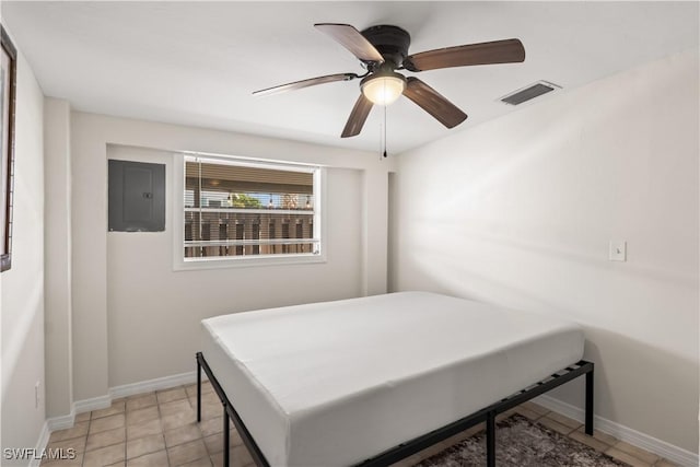 bedroom featuring baseboards, ceiling fan, electric panel, and visible vents