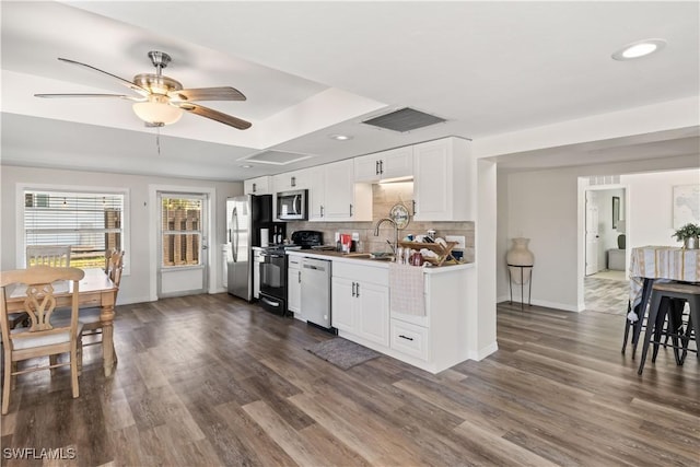 kitchen with tasteful backsplash, dark wood finished floors, a sink, baseboards, and stainless steel appliances