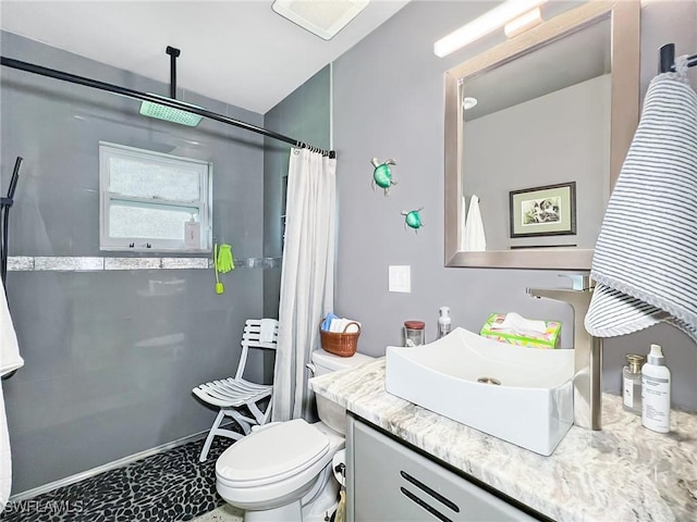 bathroom featuring toilet, vanity, and a shower with shower curtain