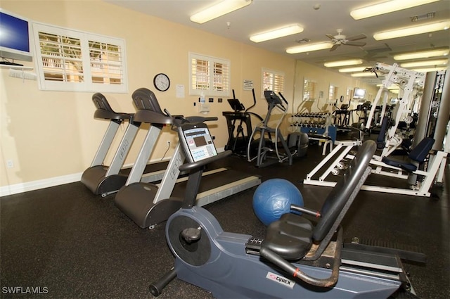exercise room featuring visible vents and a ceiling fan