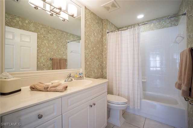 bathroom featuring shower / bath combo, visible vents, toilet, tile patterned floors, and vanity