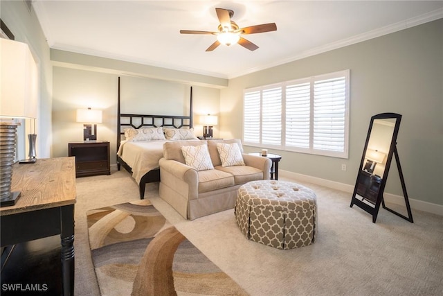 bedroom with baseboards, ornamental molding, light carpet, and ceiling fan