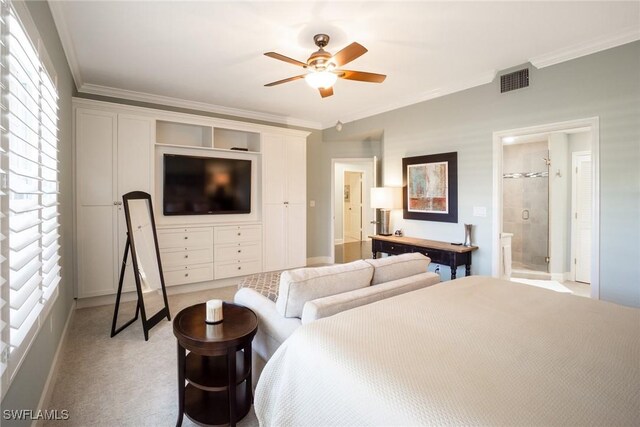 bedroom featuring visible vents, ceiling fan, baseboards, ornamental molding, and light carpet