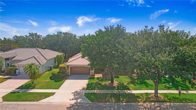 761 Grand Rapids Blvd, Naples, FL 34120 - view of property hidden behind natural elements featuring driveway, an attached garage, a tile roof, a front lawn, and stucco siding