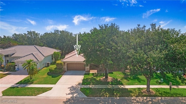 761 Grand Rapids Blvd, Naples, FL 34120 - obstructed view of property featuring concrete driveway, a tiled roof, stucco siding, and a front lawn