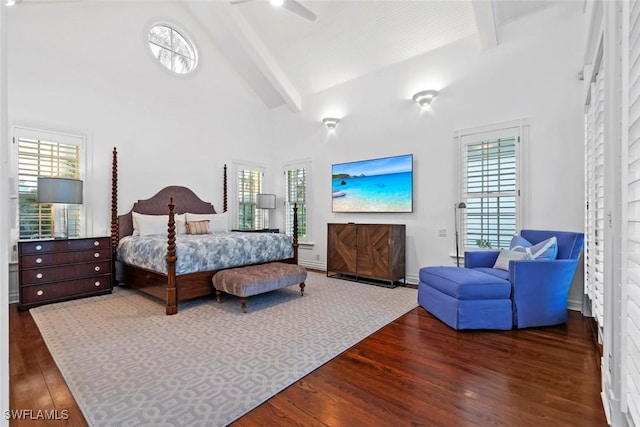 bedroom with dark wood-style flooring, high vaulted ceiling, multiple windows, and beam ceiling