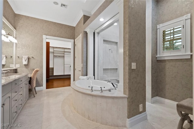 full bathroom featuring a bath, visible vents, crown molding, vanity, and wallpapered walls