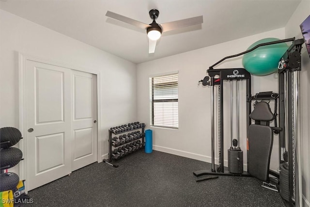 10864 Firebush Cir, North Fort Myers, FL 33917 - exercise area featuring baseboards and ceiling fan