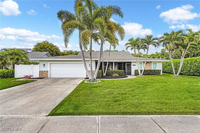 ranch-style house with concrete driveway, stone siding, fence, a front lawn, and a garage