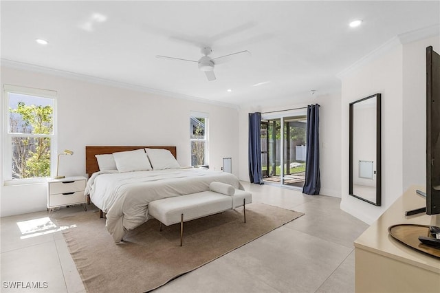 bedroom with ornamental molding, access to exterior, and multiple windows
