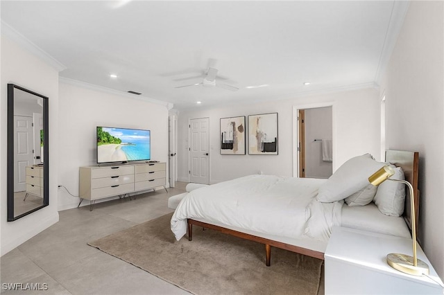 bedroom with recessed lighting, crown molding, concrete floors, a ceiling fan, and visible vents