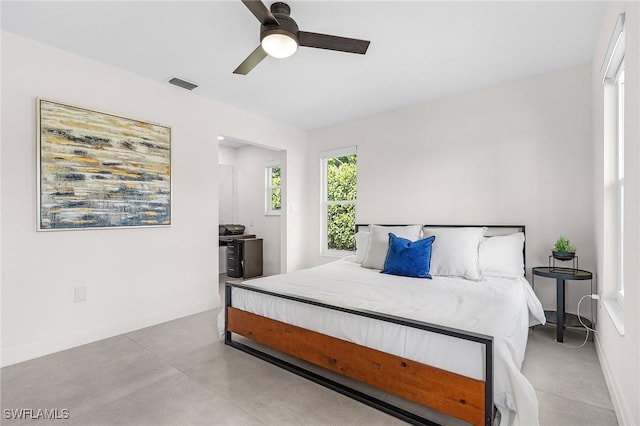 bedroom featuring baseboards, visible vents, and a ceiling fan