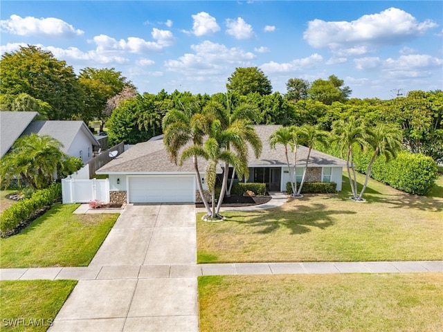view of front of property featuring a front yard, a shingled roof, concrete driveway, an attached garage, and fence