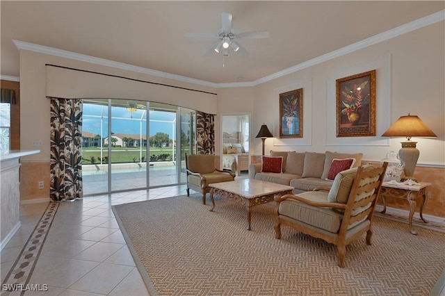 8789 Cedar Hammock Blvd Unit 61, Naples, FL 34112 - living room featuring light tile patterned floors, a ceiling fan, ornamental molding, and baseboards