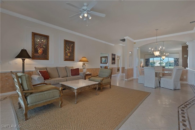 8789 Cedar Hammock Blvd Unit 61, Naples, FL 34112 - living area featuring decorative columns, a ceiling fan, ornamental molding, light tile patterned flooring, and a wainscoted wall