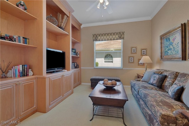 8789 Cedar Hammock Blvd Unit 61, Naples, FL 34112 - living room with light carpet, ceiling fan, ornamental molding, and baseboards